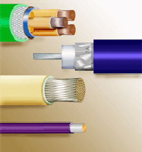 graphical representation of a multi-conductor shielded cable, a co-axial cable, a stranded conductor and a solid conductor
